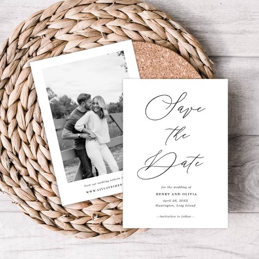 Elegante scriptfoto aan achterzijde, petite trouwk save the date