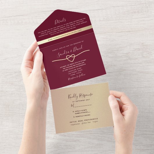 Elegante Scriptie Burgundy Bruiloft All In One Uitnodiging (Afscheurbaar)