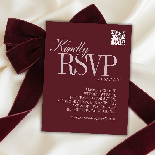Elegante Scriptie Burgundyrode QR-code Formele Bru RSVP Kaartje
