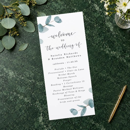 Elegante Scriptie Eucalyptus Huwelijksceremonie Programmakaart