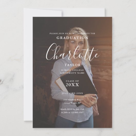 Elegante Scriptie Foto Afstudeerfeest Uitnodiging (Voorkant)