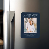 Elegante scriptie marine foto save the date magneet