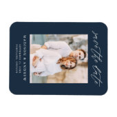 Elegante scriptie marine foto save the date magneet (Horizontaal)