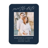 Elegante scriptie marine foto save the date magneet (Verticaal)