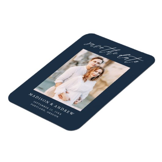 Elegante scriptie marine foto save the date magneet (Linkerzijde)