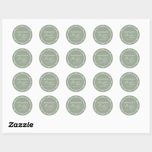 Elegante Scriptie Sage Groene Bruiloft Feest Ronde Sticker (Vel)