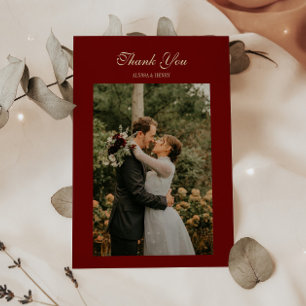 Elegante Scriptie Wijnrode Trouwfoto Bedankkaart