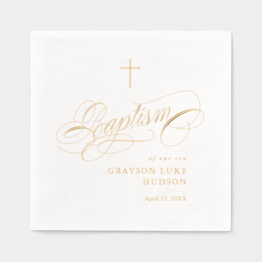 Elegante scriptkalligrafie genderneutraal doopsel folie servetten (Voorkant)