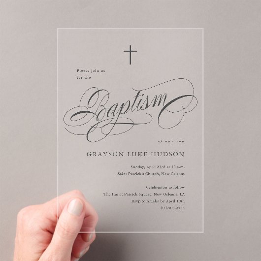 Elegante scriptkalligrafie Neutraal Doopsel Acryl Uitnodigingen (Insitu (Draagbaar))