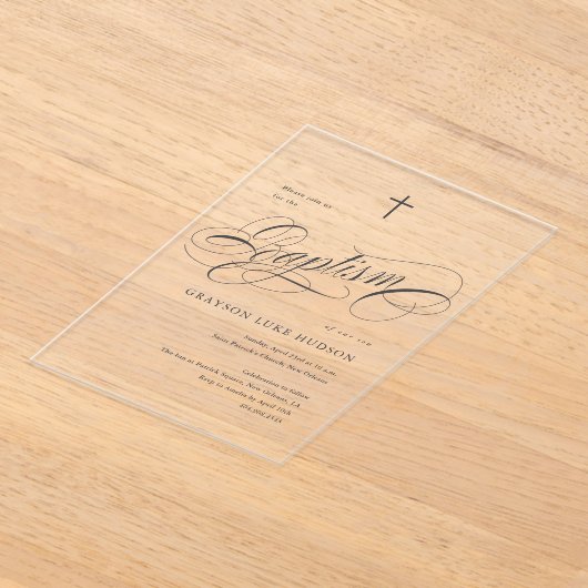 Elegante scriptkalligrafie Neutraal Doopsel Acryl Uitnodigingen (Laagn)