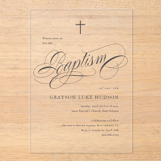 Elegante scriptkalligrafie Neutraal Doopsel Acryl Uitnodigingen (Voorkant)