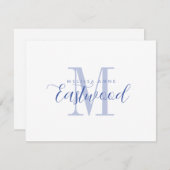 Elegante scriptnaam Blauw Monogram Platte Nota Kaa Notitiekaartje (Voorkant / Achterkant)