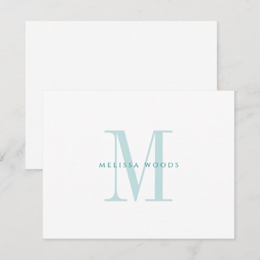 Elegante scriptnaam Blauwgroen Monogram Platte Not Notitiekaartje (Voorkant / Achterkant)
