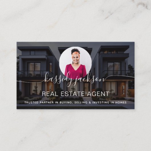 Elegante scriptnaam Circle Business Photo QR-code Visitekaartje (Voorkant)