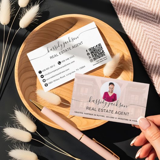 Elegante scriptnaam Circle Business Photo QR-code Visitekaartje