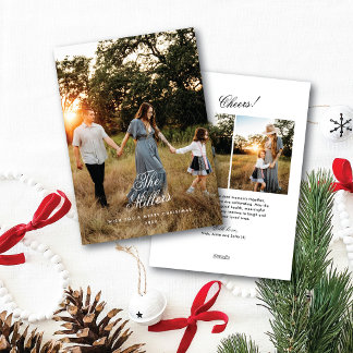 Elegante scriptnaam Familie Foto Prettig kerstfees Feestdagenkaart