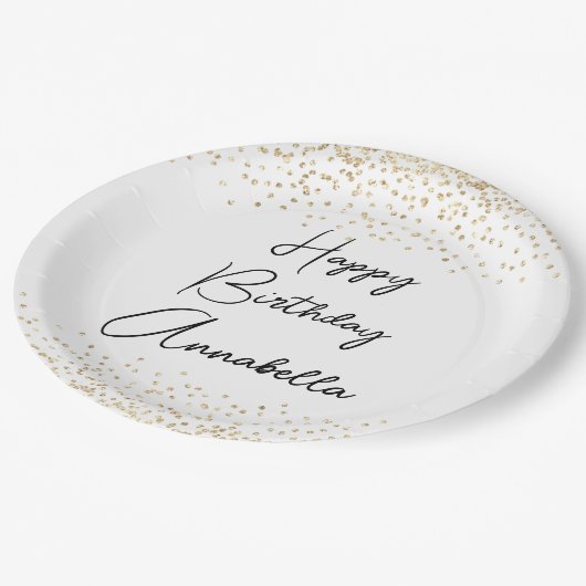 Elegante scriptnaam Gold Glitter Happy Birthday Papieren Bordje (Gekanteld)