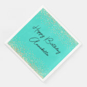Elegante scriptnaam goud glitters op turquoise servet (Hoek)