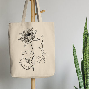 Elegante scriptnaam Lotus Juli Geboortemaand Bloem Tote Bag