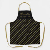 Elegante scriptnaam monogram zwarte gouden strepen schort (Voorkant)
