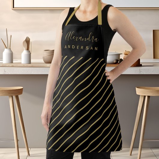 Elegante scriptnaam monogram zwarte gouden strepen schort