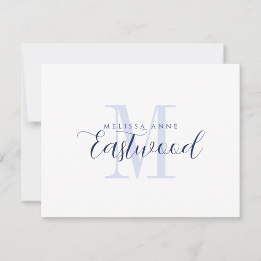 Elegante scriptnaam Navy Blue Monogram Notitiekaartje (Voorkant)