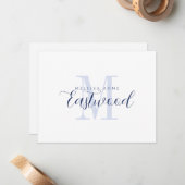 Elegante scriptnaam Navy Blue Monogram Notitiekaartje (Voorkant / Achterkant in situ)
