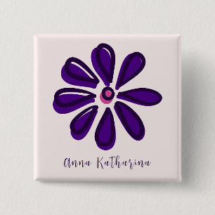 Elegante scriptnaam Paarse Flower Doodle Square Vierkante Button 5,1 Cm