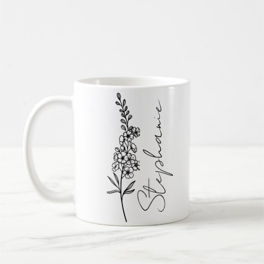 Elegante scriptnaam ridderspoor juli geboortemaand koffiemok (Links)