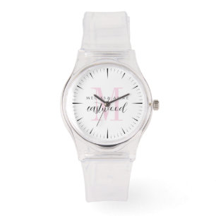 Elegante scriptnaam roze monogram  horloge