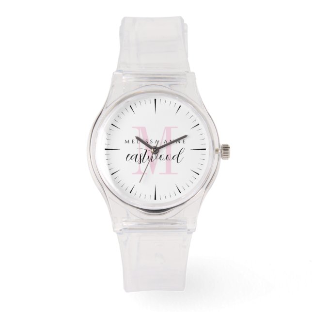 Elegante scriptnaam roze monogram  horloge (Voorkant)