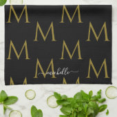 Elegante scriptnaam sjabloon monogram zwart & goud theedoek (Gevouwen)