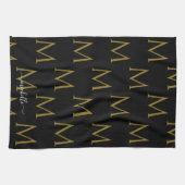 Elegante scriptnaam sjabloon monogram zwart & goud theedoek (Horizontaal)