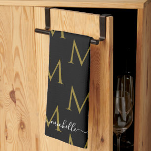 Elegante scriptnaam sjabloon monogram zwart & goud theedoek