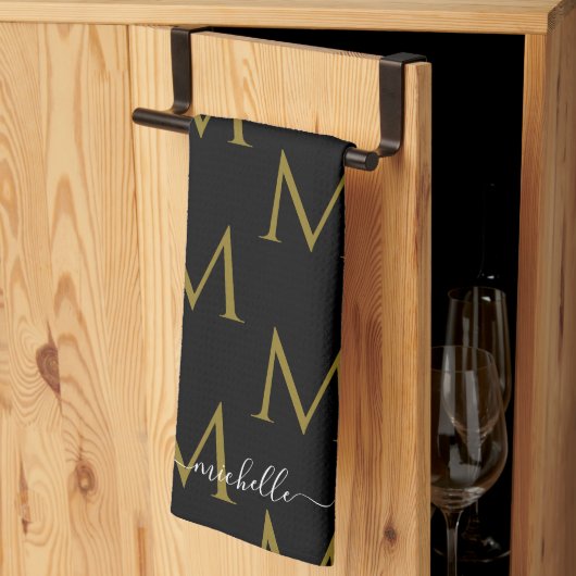 Elegante scriptnaam sjabloon monogram zwart & goud theedoek (Derde Gevouwen)