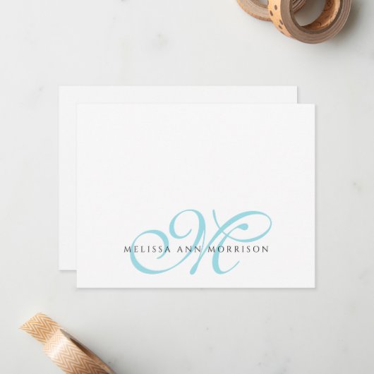 Elegante scriptnaam Teal monogram Notitiekaartje (Voorkant / Achterkant in situ)