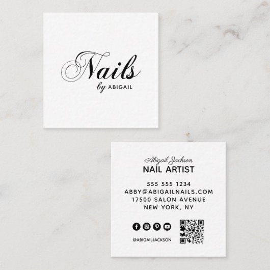 Elegante scriptnagels op naam QR-code Zwart & Wit Vierkante Visitekaartje (Voorkant / Achterkant)
