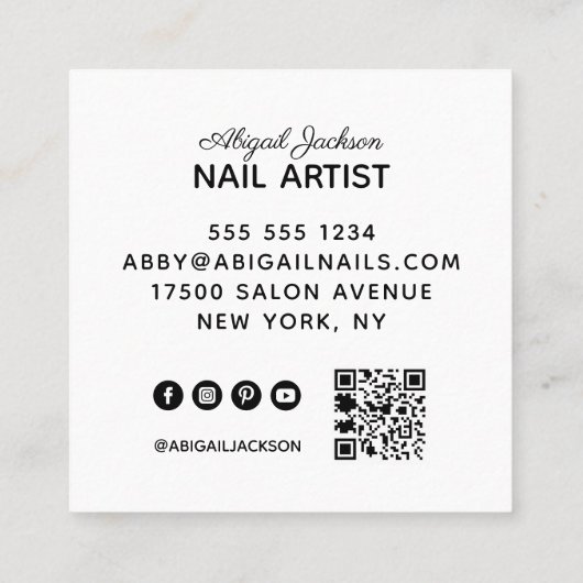 Elegante scriptnagels op naam QR-code Zwart & Wit Vierkante Visitekaartje (Achterkant)
