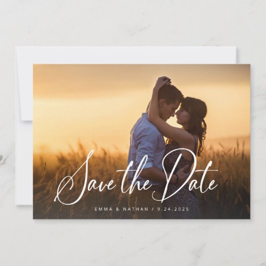 Elegante scriptoverlay | Twee foto- en QR-code Save The Date (Voorkant)