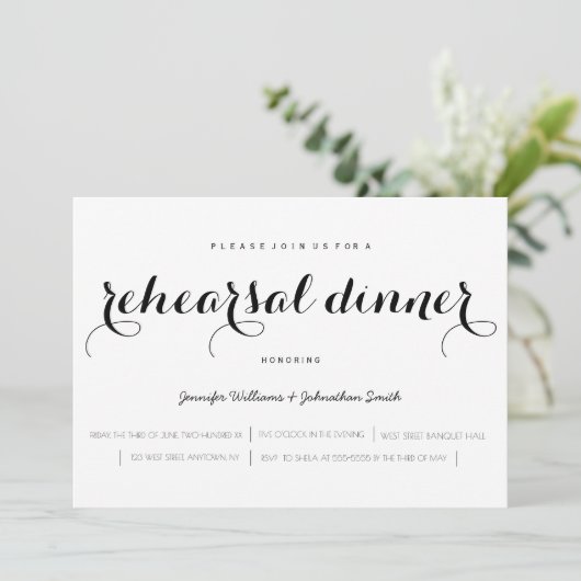 Elegante scriptrehearsal diner uitnodigingen (Staand voorkant)