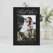 Elegante scripttypografie stippen trouwfoto zwart bedankkaart (Staand voorkant)