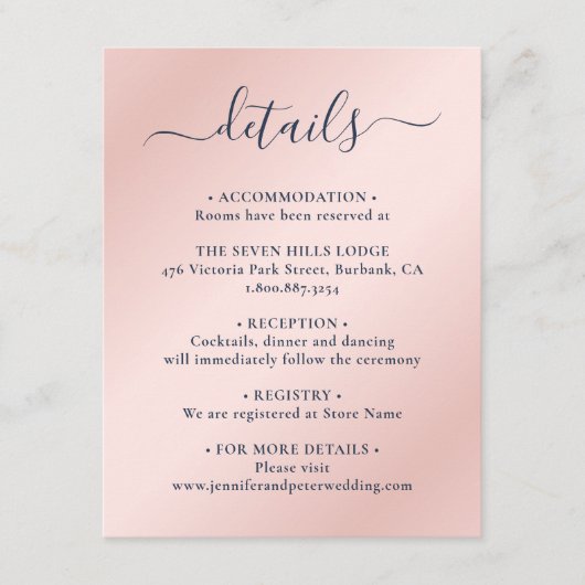 Elegante scriptuur navyblauw en blozende trouwdeta informatiekaartje (Voorkant)