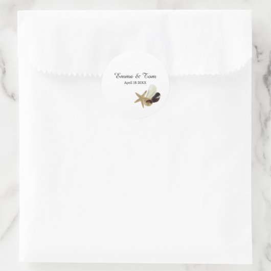 Elegante Seashell Beach bruiloft bestemming Ronde Sticker (Tas)