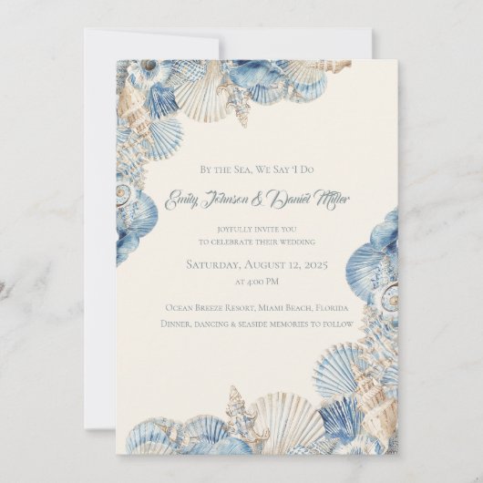 Elegante Seashell Border Wedding Kaart (Voorkant)