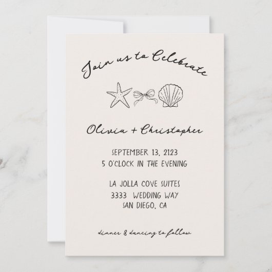 Elegante Seashell & Bow Coquette bruiloft uitnodig Kaart (Voorkant)