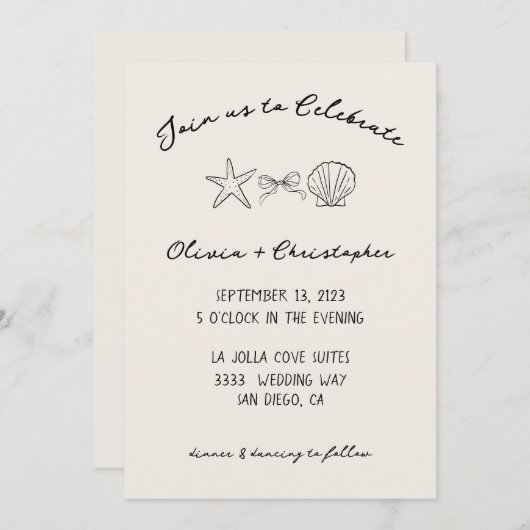 Elegante Seashell & Bow Coquette bruiloft uitnodig Kaart (Voorkant / Achterkant)