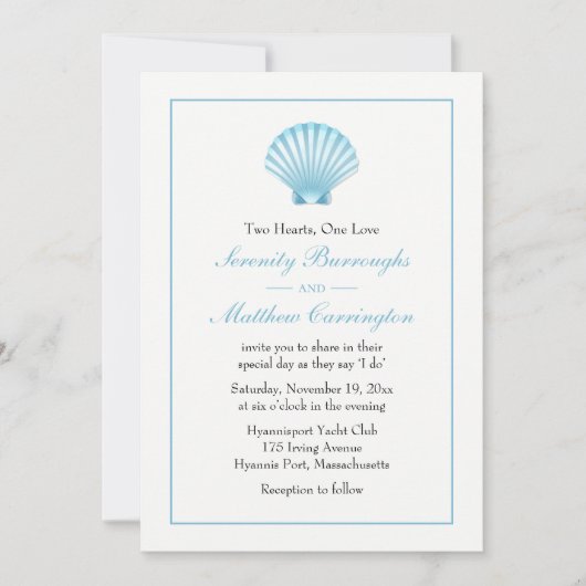 Elegante Seashell bruiloft blauw nautisch strand Kaart (Voorkant)