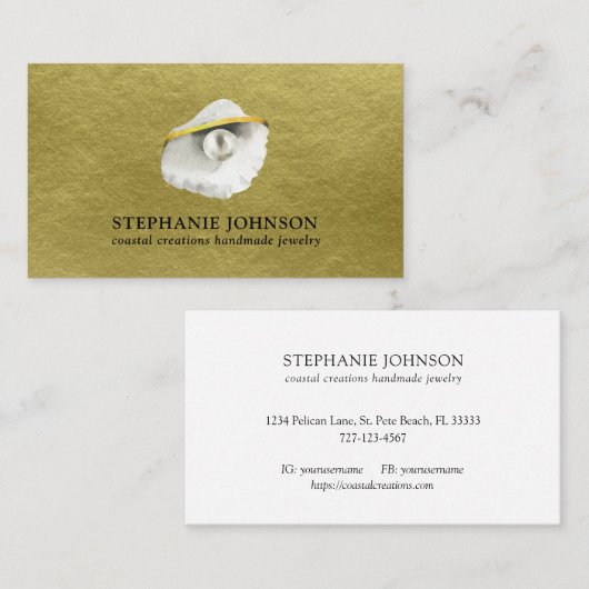 Elegante Seashell met Parel op Textured Gold Visitekaartje (Voorkant / Achterkant)
