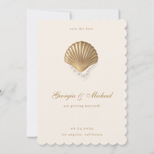 Elegante Seashell & Pearls Gold Coastal Wedding Save The Date (Voorkant)