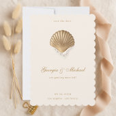 Elegante Seashell & Pearls Gold Coastal Wedding Save The Date